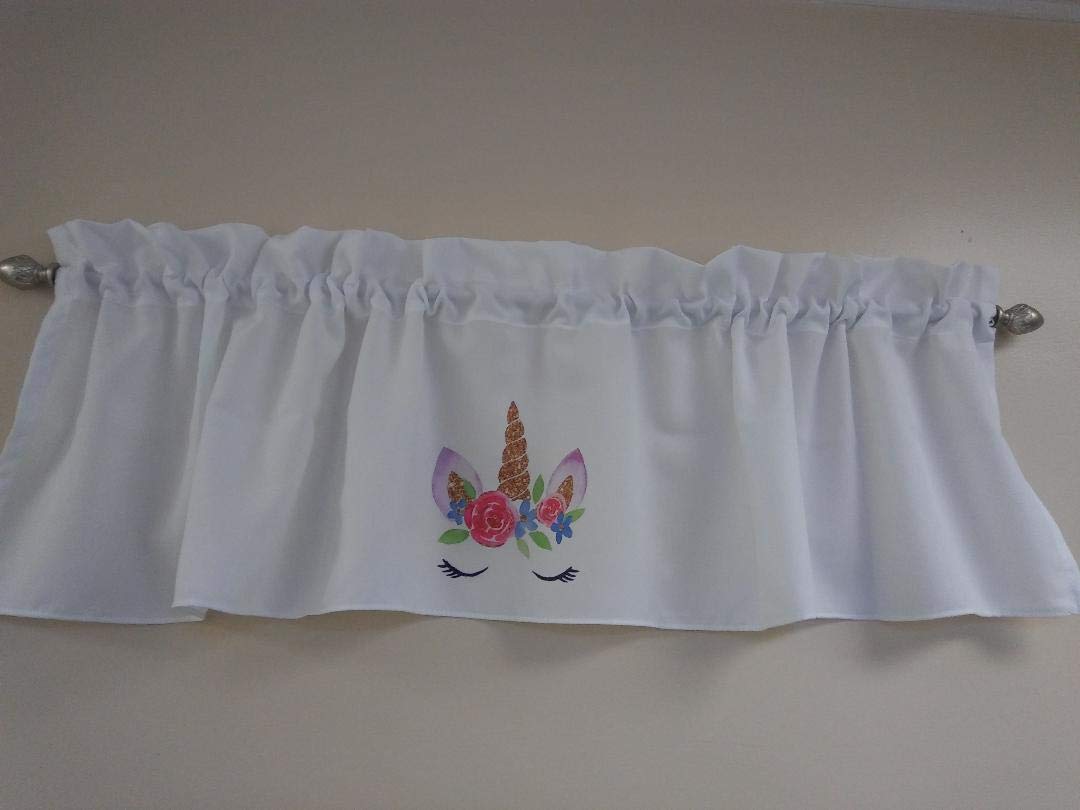 Unicorns valance curtain Solid White valance, sublimation on fabric 58 inches wide, Girls room window treatment decor, Baby Nursery Decor, Fabric