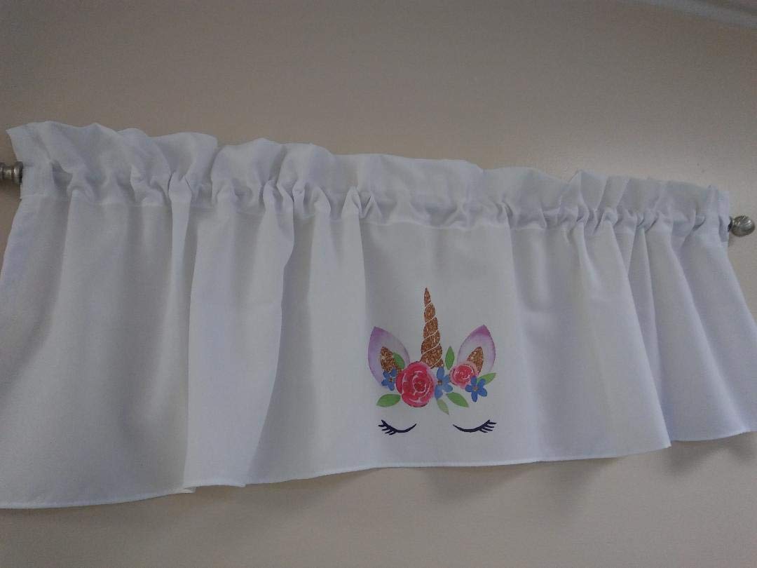 Unicorns valance curtain Solid White valance, sublimation on fabric 58 inches wide, Girls room window treatment decor, Baby Nursery Decor, Fabric