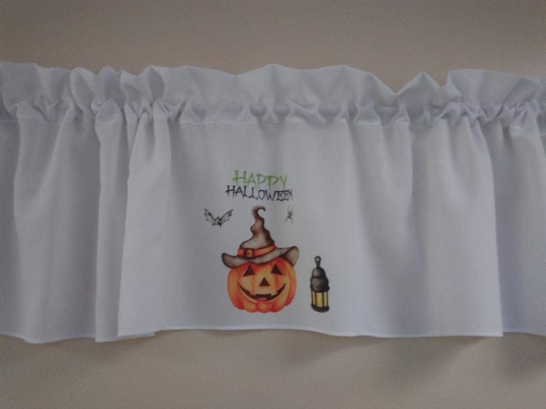Happy Halloween valance curtain, Lantern, Spider, Bat, Pumpkin, Harvest window treatment
