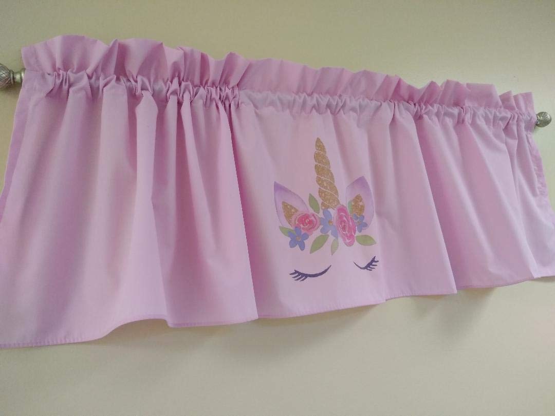 Pink Unicorns valance curtain Solid pink valance, sublimation on fabric 58 inches wide, Girls room window treatment decor, Baby Nursery, Flower unicorn Fabric