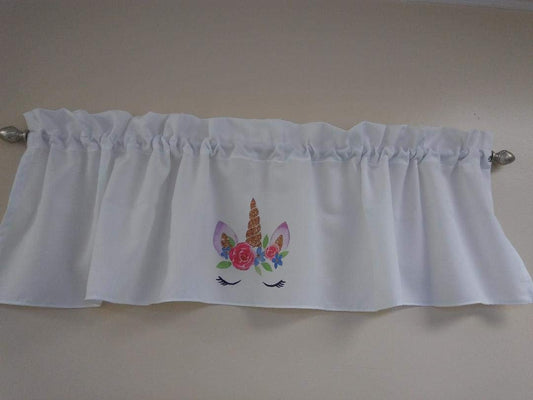 Unicorns valance curtain Solid White valance, sublimation on fabric 58 inches wide, Girls room window treatment decor, Baby Nursery Decor, Fabric