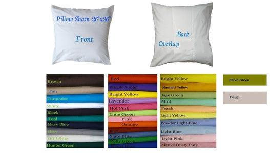Euro Pillow Sham Solid Color Orange, Green, Black, Brown, Tan, Purple, Pink, Yellow, Blue, Mint, Cover Case With Edge 26"x 26" Pillow. Large